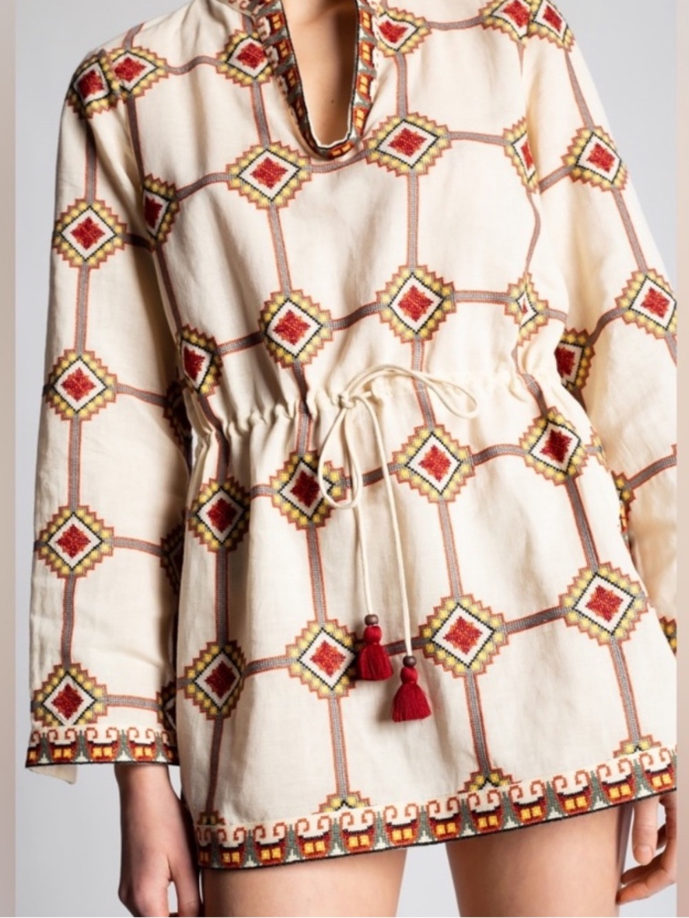 NWT Tory Burch Geo Print Embroidered Linen Tunic Top Size 0